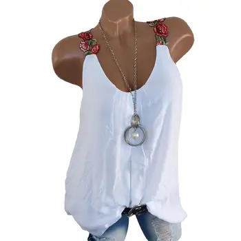 

Women Plus Size Summer Flower Embroidery Solid Color Sexy Loose Tank Top Vest