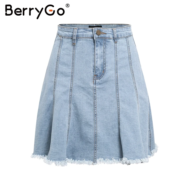 BerryGo повседневные плиссированные короткие джинсовые юбки трапециевидной формы, Женская мини-юбка с высокой талией и бахромой, женская синяя летняя юбка с бахромой