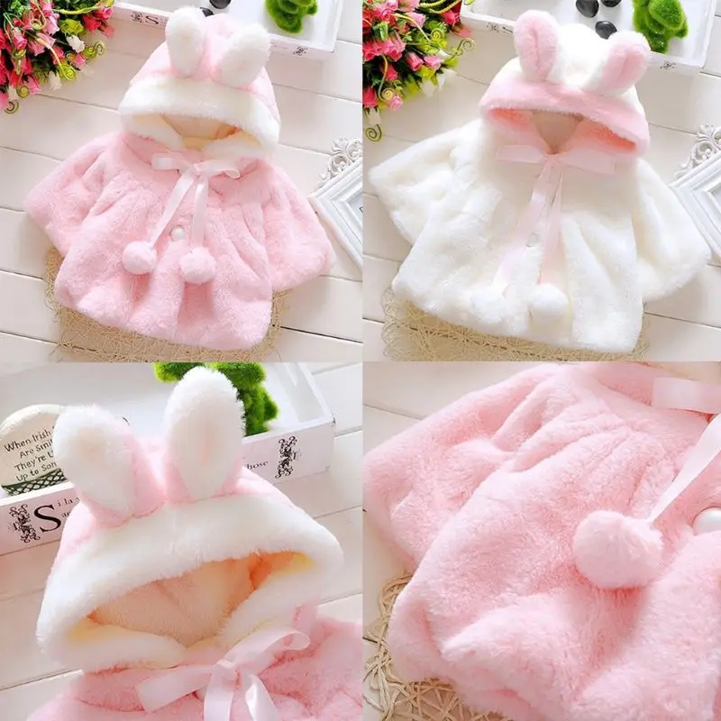 

Infant Baby Girl Winter Thicken Fluffy Plush Hooded Coat Cute Rabbit Bunny Ears Lace Up Pompom Ball Jacket Pleated Faux Pearl