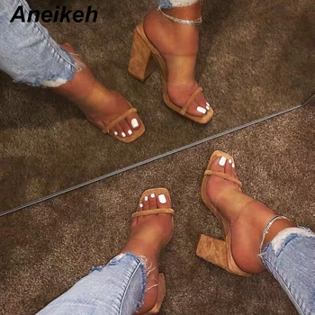 

Aneikeh New 2019 Fashion Serpentine PVC High Heels Transparent Slippers Open Toe Thick Heel Women Shoes Pumps Slippers apricot
