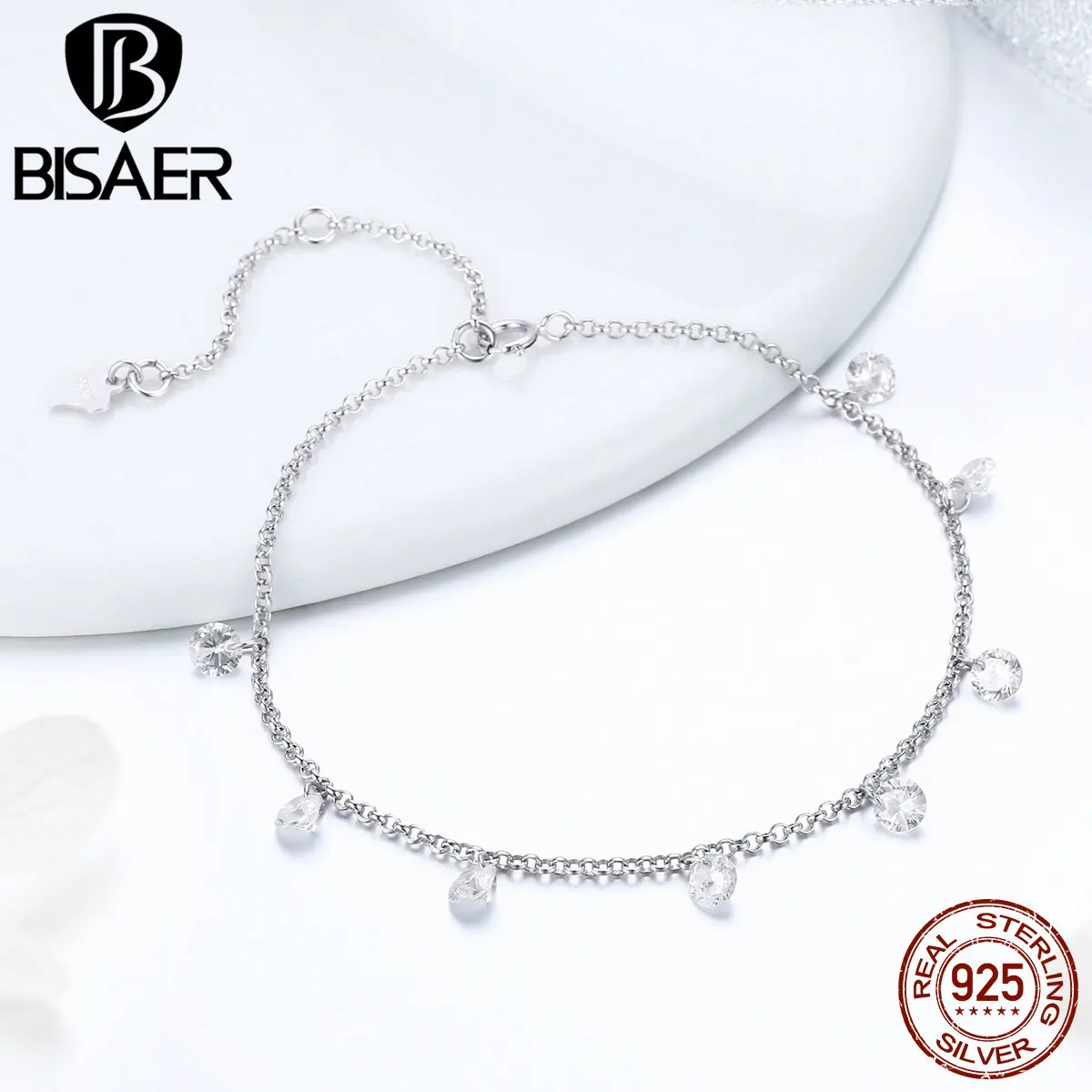 

BISAER 925 Sterling Silver Chain Link Simple Geometric CZ Femme Bracelets Bangles for Women Pulseira Silver 925 Jewelry ECB103