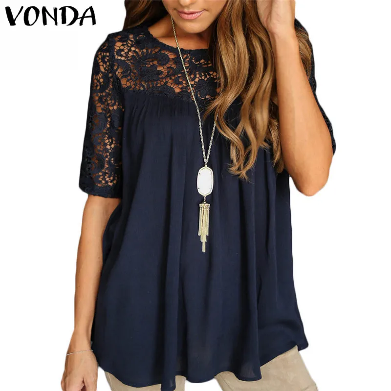 

VONDA Pregnant Women Blouses Shirts 2019 Summer Casual Loose Short Sleeve Lace Chiffon Splice Solid Tops Pregnancy Plus Size