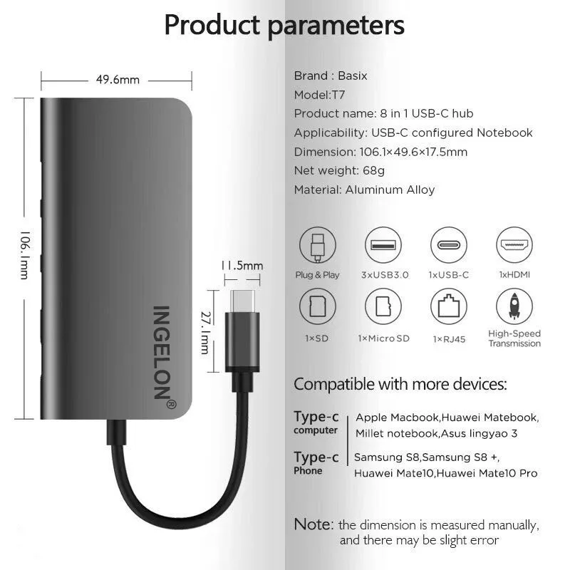Ingelon USB HUB tipo C to HDMI RJ45 Thunderbolt 3 Adapter for MacBook Samsung Galaxy S8 Huawei Mate 10 P20 Pro Type C USB3.0 HUB (6)