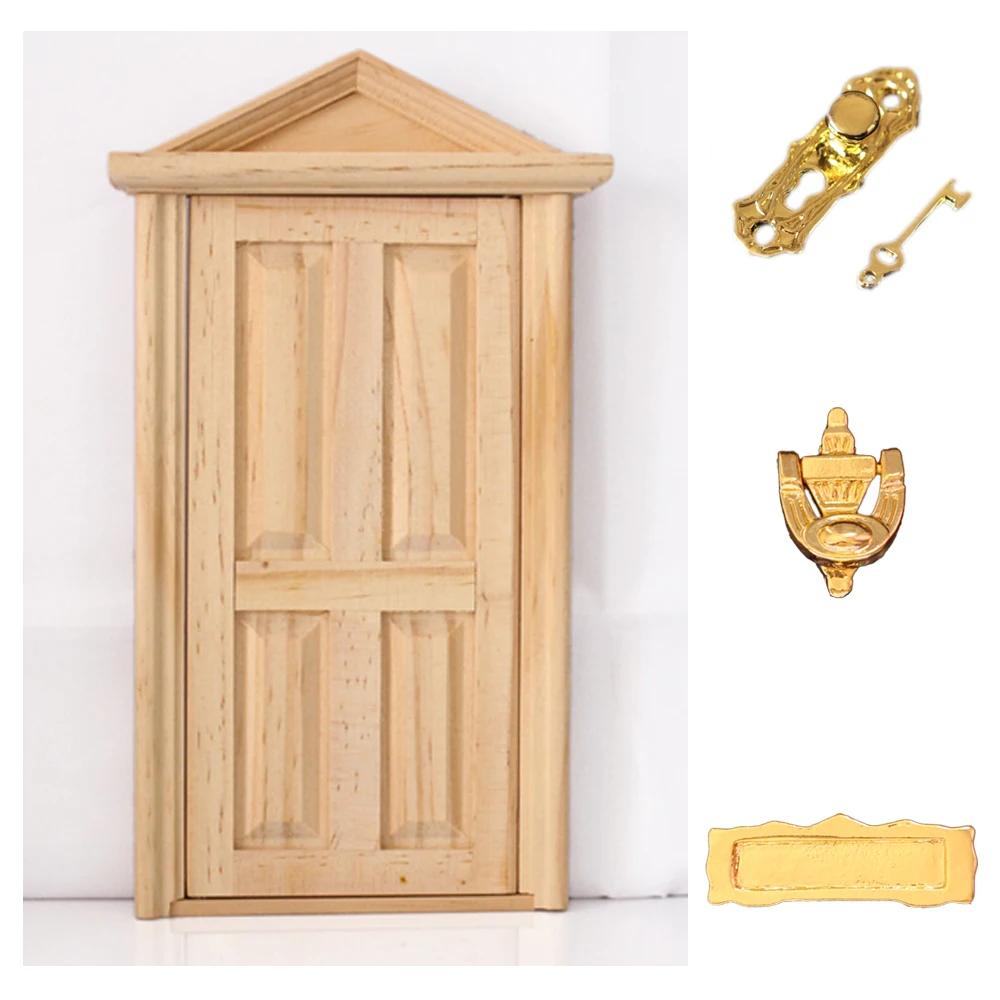 1:12 Door with Hardware Miniature Wood Natural Color Fairy Dollhouse Steepletop, Wooden Dollhouse Furniture Toy Pretend Play