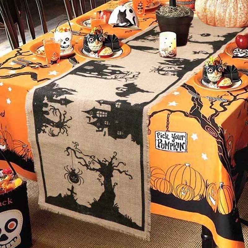 

OurWarm 14x74 inch Halloween Burlap Table Runners Haunted House Table Decoration for Home 36x188cm Halloween Decoartion