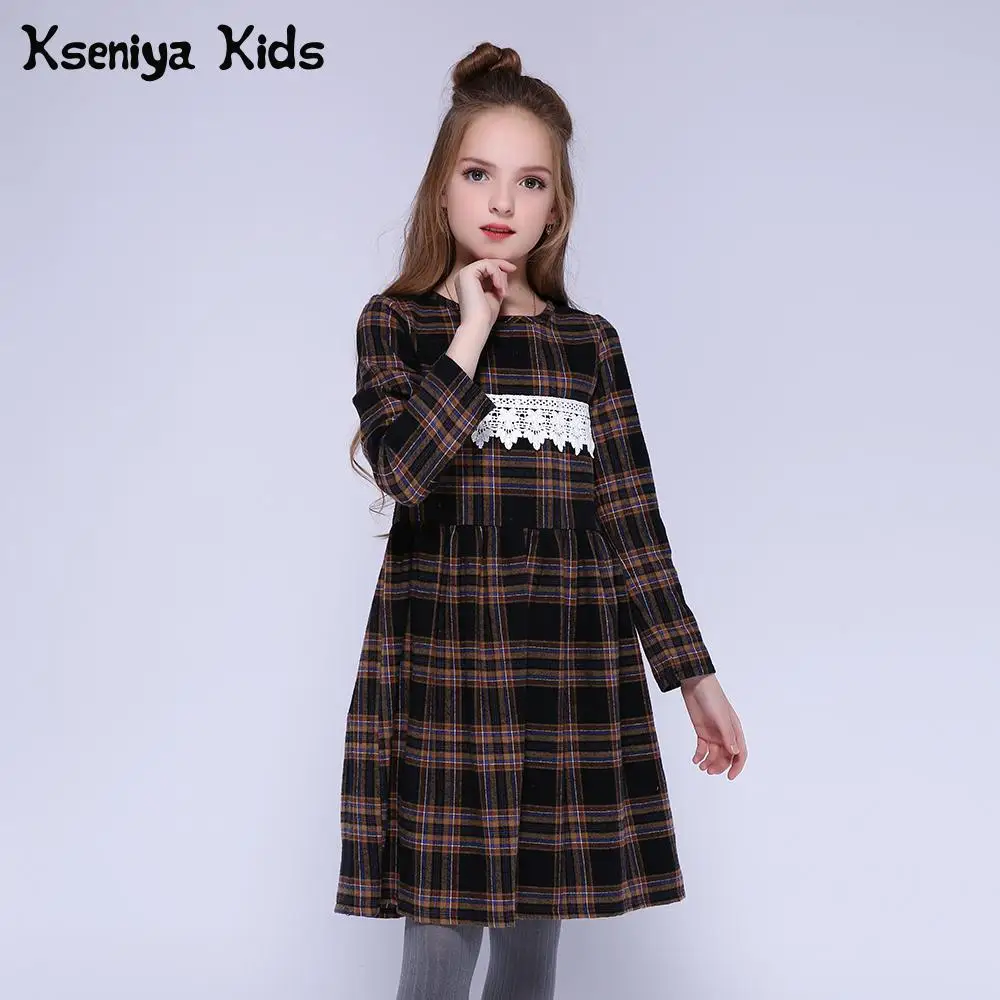 Kseniya kids/детские зимние платья для девочек; хлопковое кружевное платье в клетку с длинными рукавами в европейском и американском стиле; праздничное платье принцессы для девочек