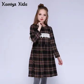 

Kseniya Kids Winter Children Girls Dresses Cotton Long Sleeve Lace Plaid European And American Style Girl Princess Party Dress