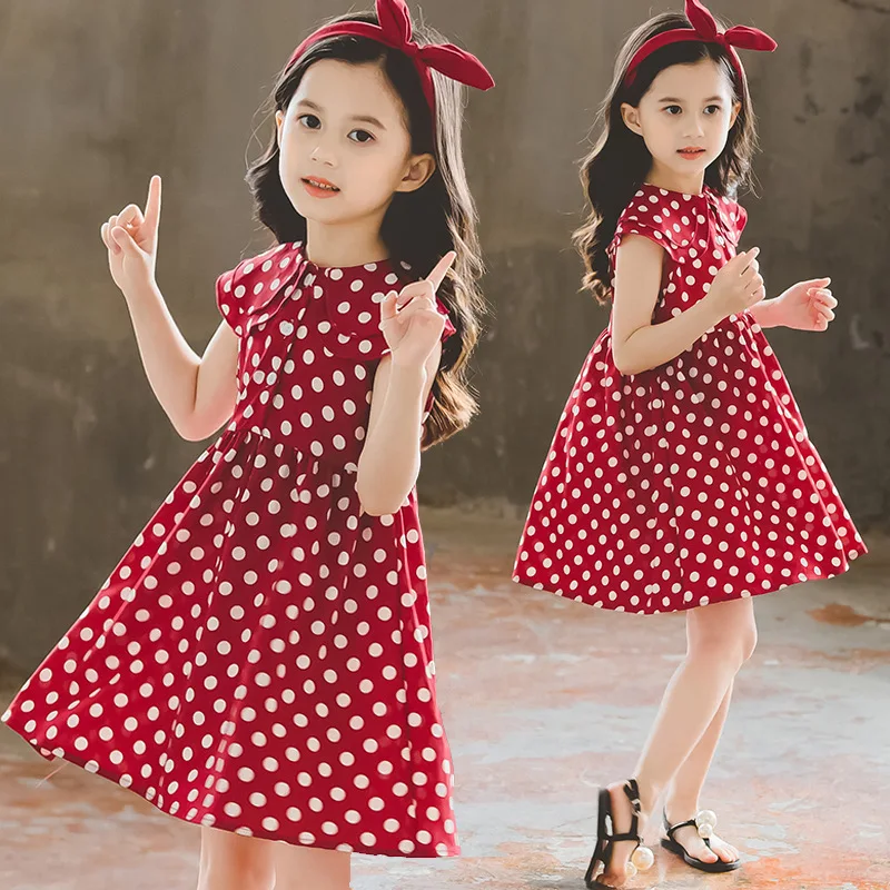 

2019 new summer girls beach dress big children red dot dresses kids cute doll collar princess dress clothes