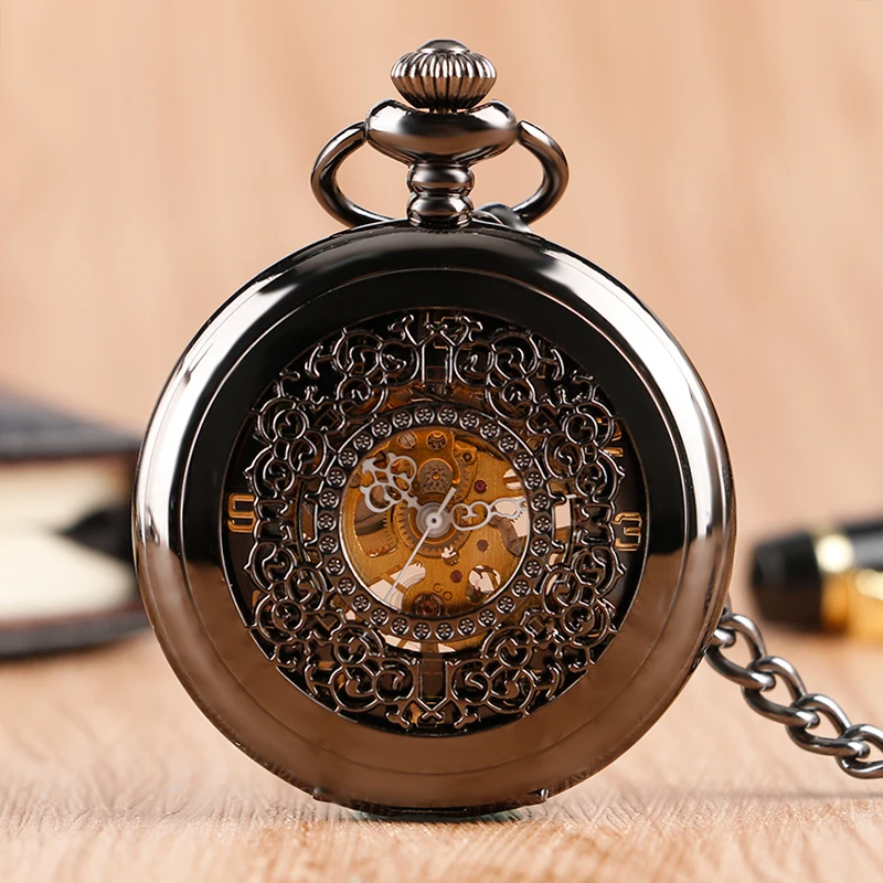 Vintage Luxury Black Metal Mechanical Pocket Watch Smooth Steampunk Hand Winding Clock Set with Gifts Box Bags Leather Pin Chain 2018 (10)