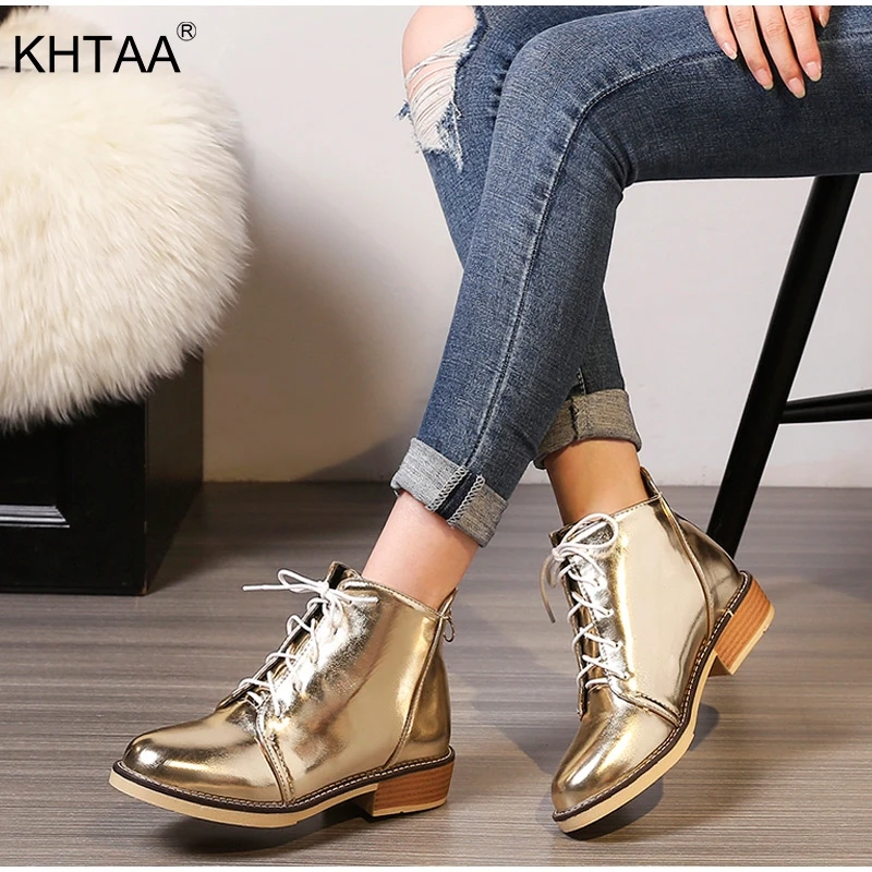 

Women's Low Heels Ankle Boots Platform Lace Up Zipper Sliver Gold Casual Shoes Woman 2018 Fashion Winter Warm Female Footwear