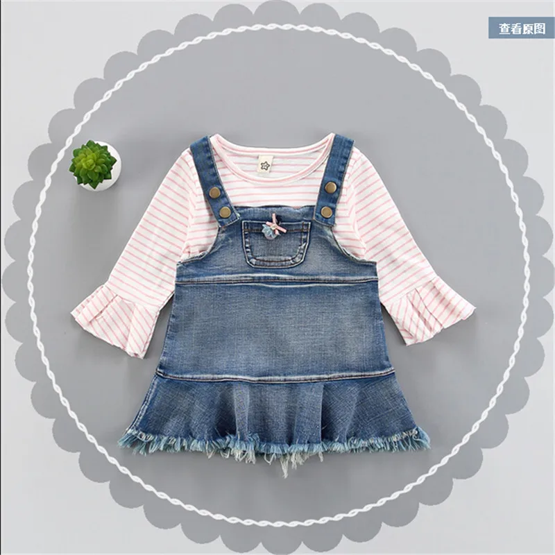 

2pcs/set  high quality baby girl clothes sets simple design striped long sleeve t-shirt and denim suspender dress for spring