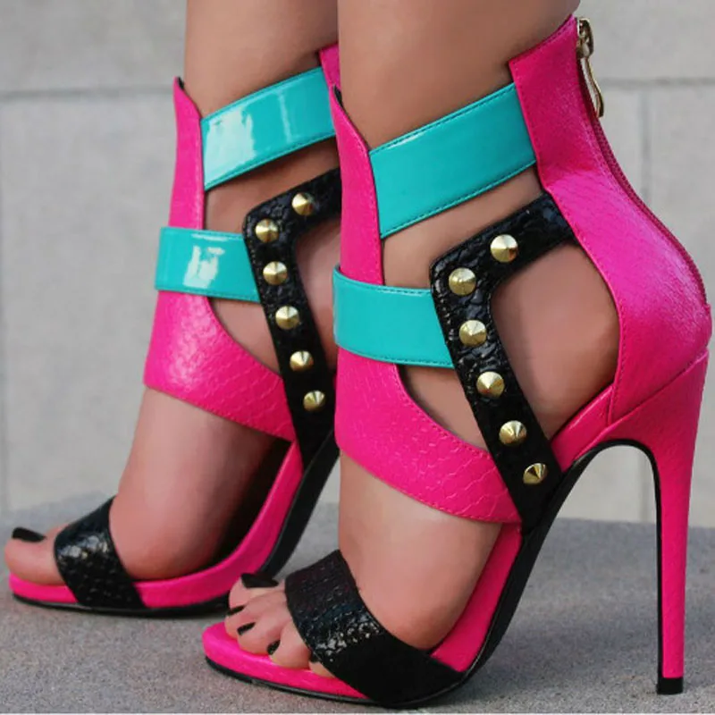 Hot 2017 Summer Women Sandals Candy Color Rivets Studded Mixed Colors Zipper Shoes Fashion High Heels Sexy Gladiator Sandals