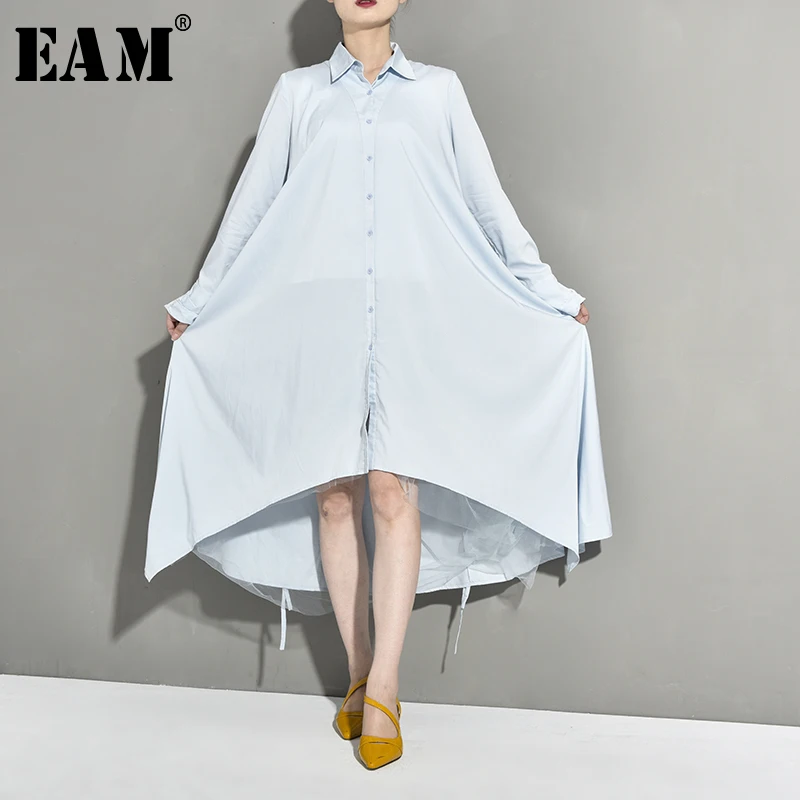 

[EAM] Women Blue Long Asymmetrical Hemline Dress New Turn-down Collar Long Sleeve Loose Fit Fashion Spring Autumn 2019 JO665