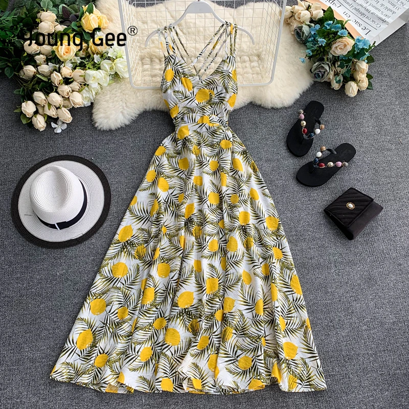 

Young Gee Leaves Fruit Print Dress Vinatge Sundress Summer Sexy Beach Dress Women Spaghetti Strap Backless Lace Up Dresses robe