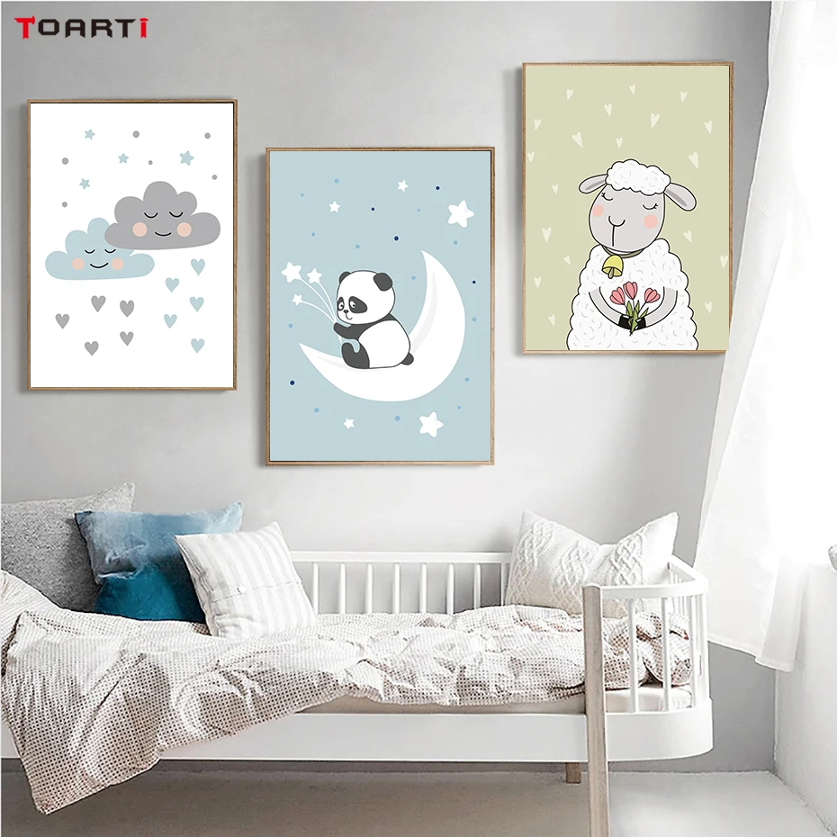 Panda Sheep Clouds Wall Art Lovely Cartoon Posters&Prints Nursery Canvas Painting For Kids Room Wall Mural Decor Christmas Gift (2)