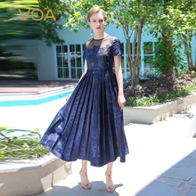VOA 2017 Summer Navy Blue Short Sleeve High Waist Vintage Silk Embroidery Pleated Dress Plus Size Women Sexy Maxi Dress ALX02801 VOA 2017 Summer Navy Blue Short Sleeve High Waist Vintage Silk Embroidery Pleated Dress Plus Size Women Sexy Maxi Dress ALX02801