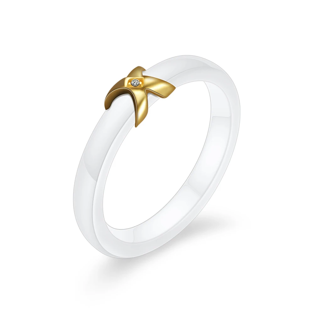Gold Color Women's CZ Crystal White Ceramic Wedding Rings Fashion Jewelry