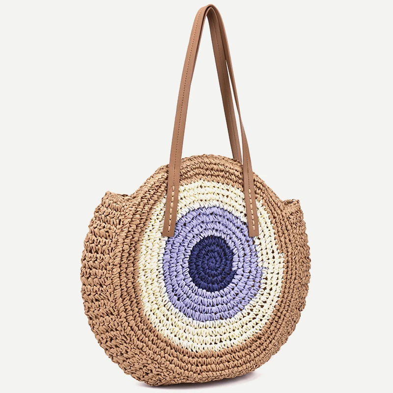 

2019 New color matching round straw Shoulder bag crochet Vintage female summer handbag Wild beach travel vacation Leisure bag