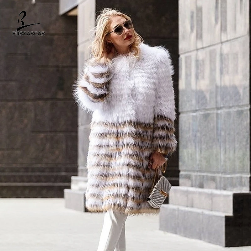 FURSARCAR 2019 Real Raccoon Dog Fur Coat For Women White And Brown Patchwork Natural Fur Long Jacket Striped Genuine Fur Coats