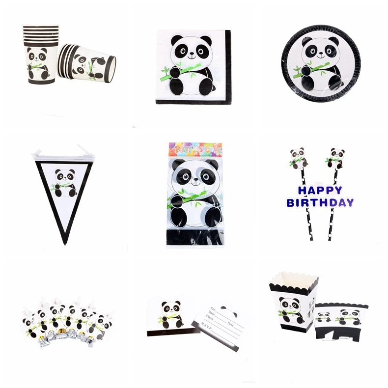 

Cartoon Panda Theme Happy Birthday Party Straw Plate Tablecloth set Christmas Wedding For Home decoration