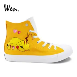 Вэнь дизайн аниме ручная роспись парусиновая обувь желтый Пикачу Покемон унисекс для взрослых Высокие Скейтбординг спортивная