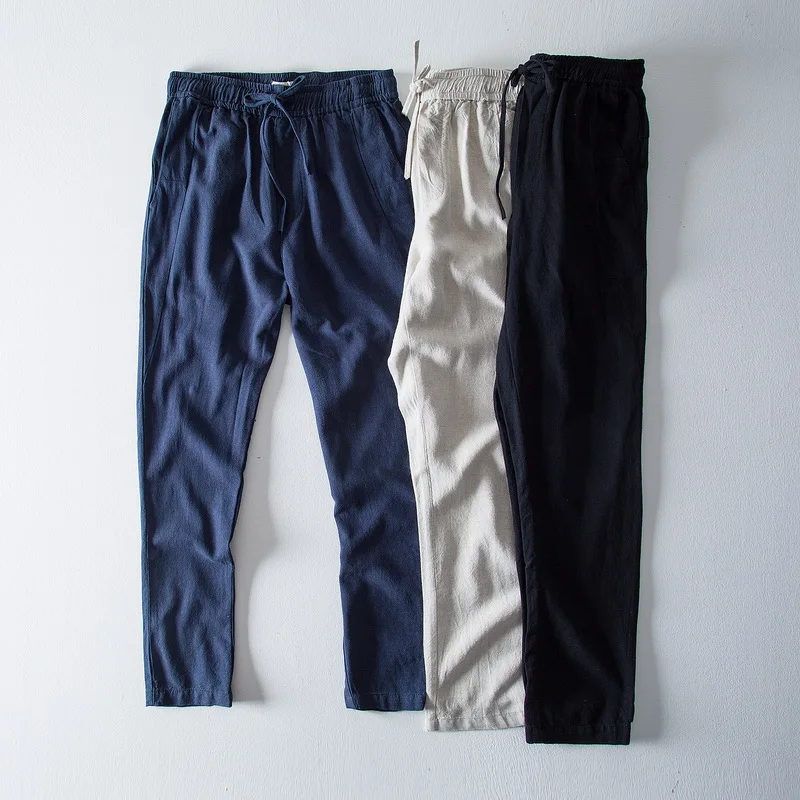 Хлопковые и льняные осенние брюки до щиколотки мужские модные повседневные брюки с эластичной резинкой на талии мужские однотонные