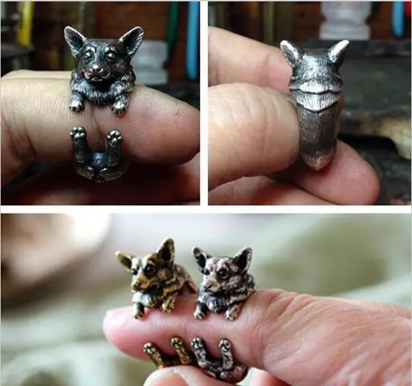 Vintage Silver Black Bronze Boho Chic Welsh Corgi Dog Ring Animal English Dog Ring Hippie Brass Knuckles Rings for Women JZ318