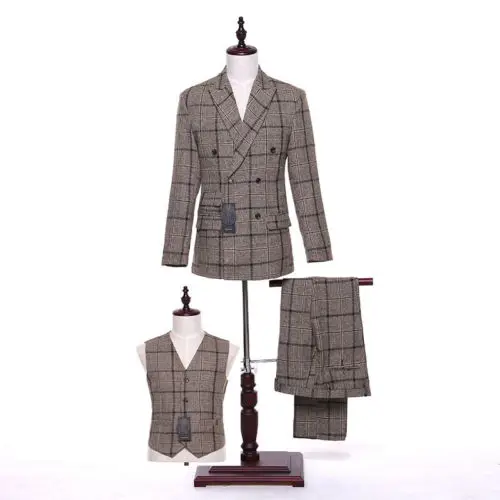 4-1 139.99   Khak Plaid Men Slim Fit Wedding Suits Groom Tuxedos Groomsmen Formal Suit Lapel (jacket + pants + vest) custom made
