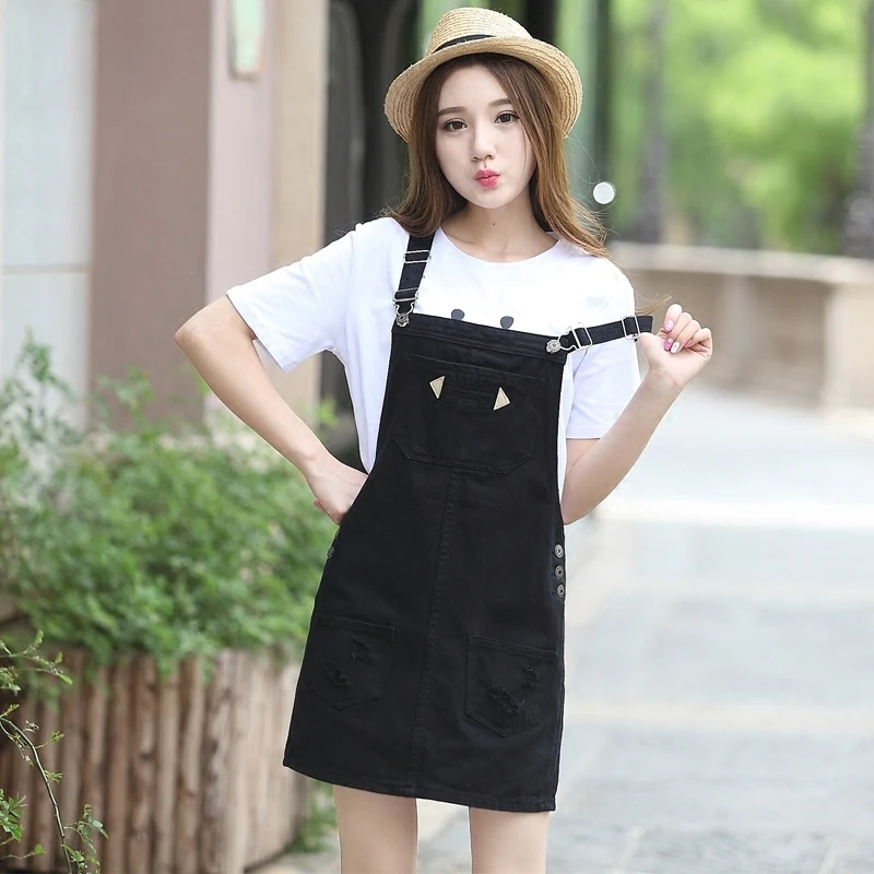 

New 2019 Summer Women Sleeveless Strap Jeans Dress Preppy Style Suspender Denim Sundress Ripped Hole Overall Dresses Robe Femme