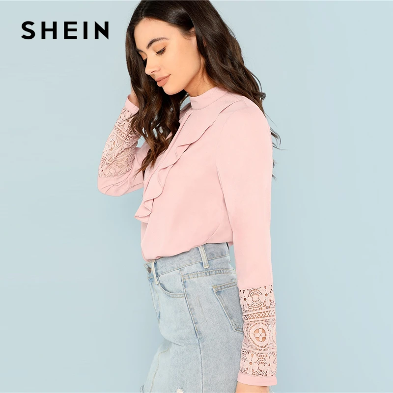 SHEIN Pink Flounce Neck Lace Cuff Top Elegant Stand Collar Long Sleeve Ruffle Blouse Women Autumn Plain Workwear Shirt Tops Blouses