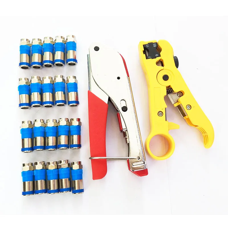 

RG59(4C) RG6(5C) compression connector crimping Tool Coax Cable Wire Stripper Kit with 20 PCS RG6 Compression f Connector