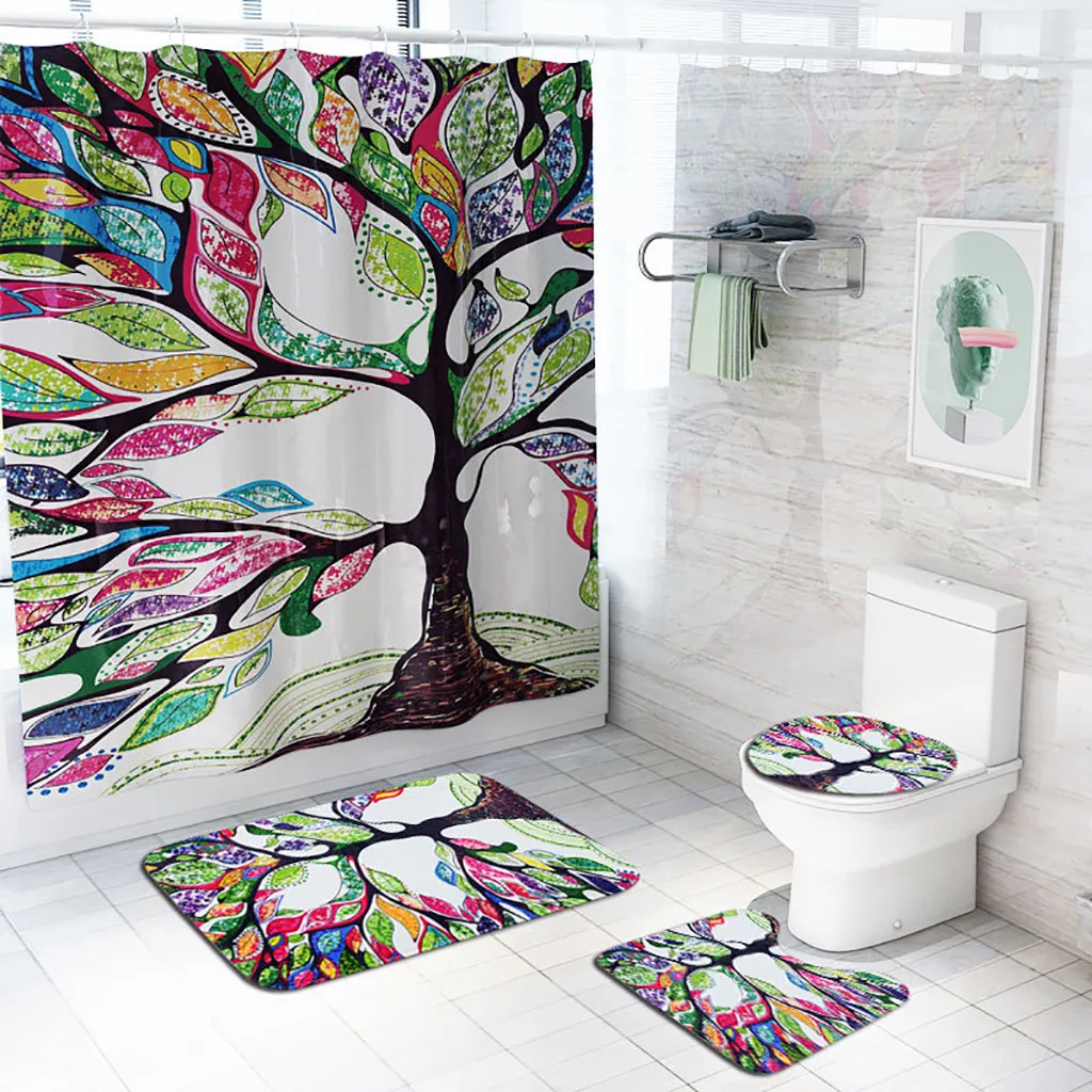 

4PCS Non Slip Toilet Polyester Cover Mat Set Polyester Fabric Modern Design Print Waterproof Bathroom Curtains z0614
