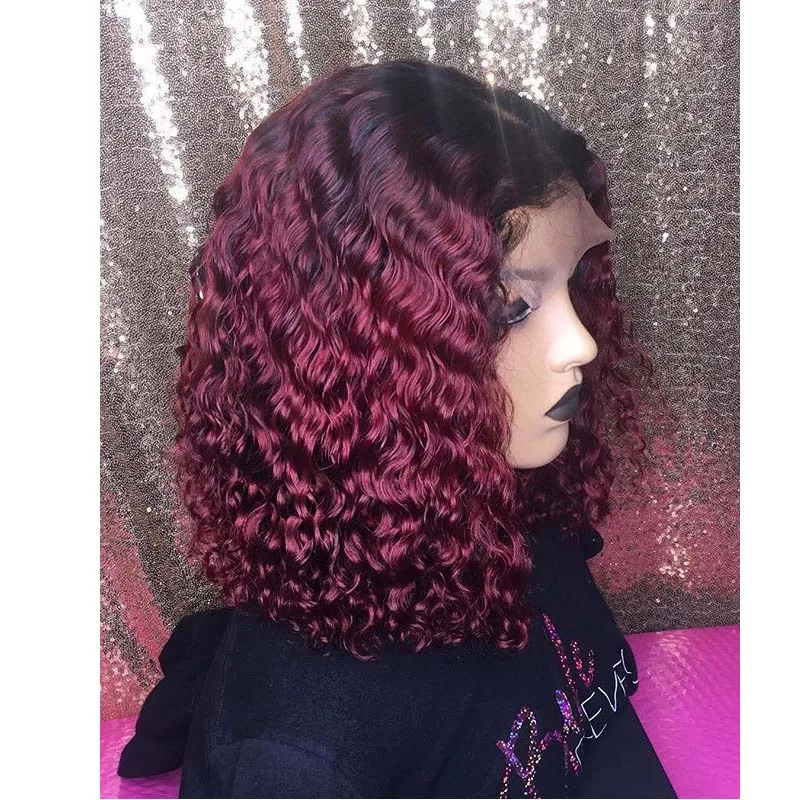 13x4 150% Короткие вьющиеся бордовый Цвет Синтетические волосы на кружеве человеческих волос парики с детскими волосами бразильский Мёд блондинка Боб парик для черных женщина - Цвет: T1B/бордовый