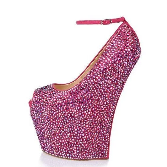 

Elegant Bling Bling Crystal Wedge Shoes Peep Toe Ankle Strap High Platform Wedge Sandal 180MM Sky High Heels Wedge Pumps