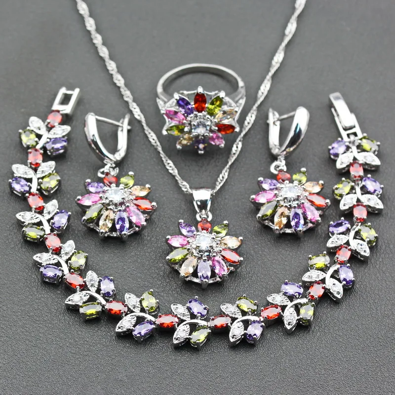 

925 Silver Health Wedding Women Flower Jewelry Sets Multicolor Zircon Earrings Ring Necklace Pendant Bracelet Free Gift JS259