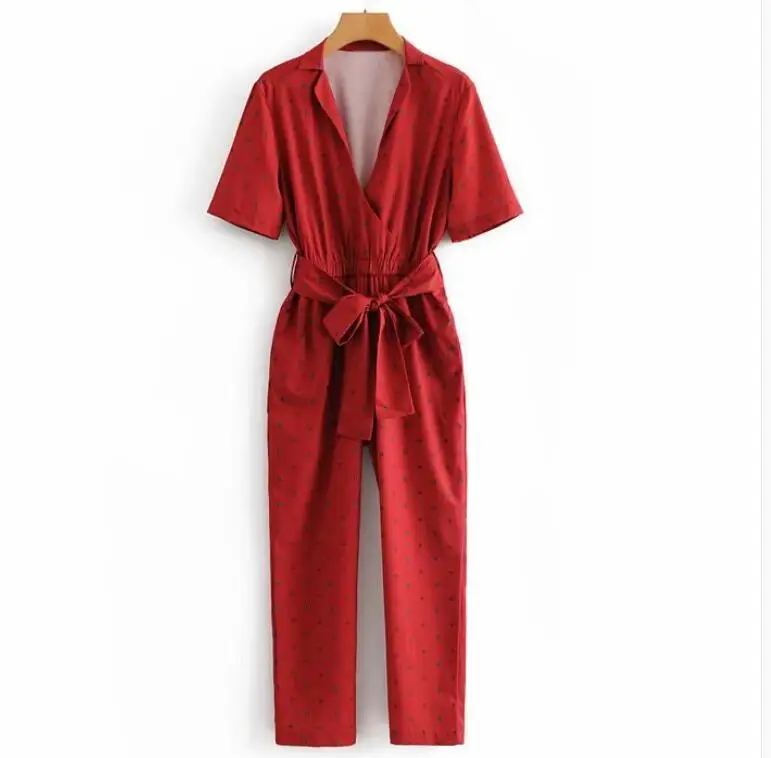 

Spring summer women's short sleeve print belt jumpsuit female summer long pants TB856