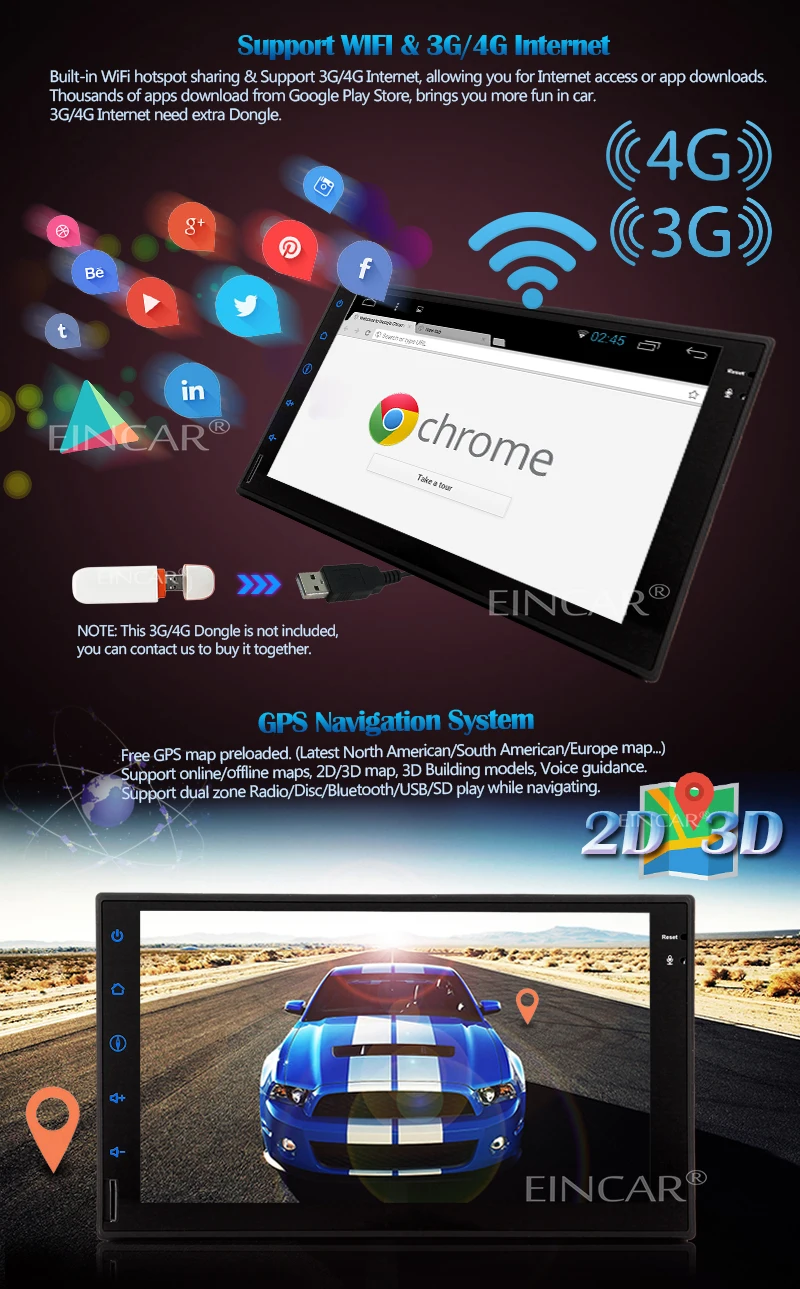 Top Android 5.1 Car Stereo Radio GPS Navi No-DVD Player BT 4G/3G/WIFI RDS Mirrorlink 2