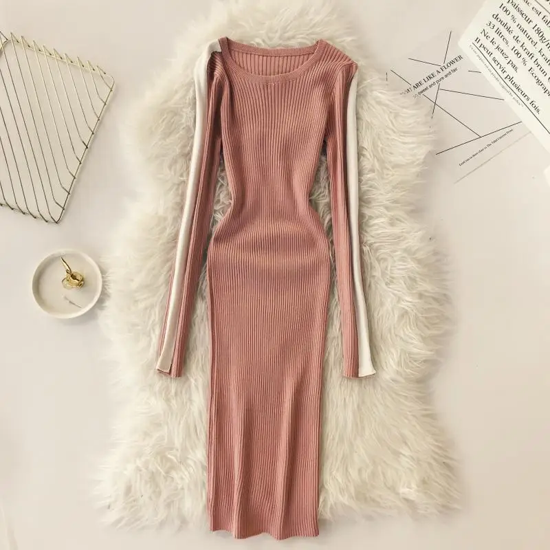 Женское трикотажное платье ALPHALMODA белое Полосатое с длинным рукавом Повседневное