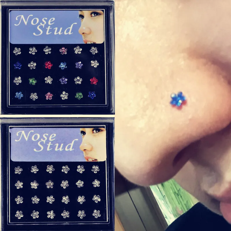 

24pcs White Colorful Crystal Plum Blossom Flower Nose Ring Nose Pins Stainless Steel Piercing Nose Stud Body Jewelry With Box