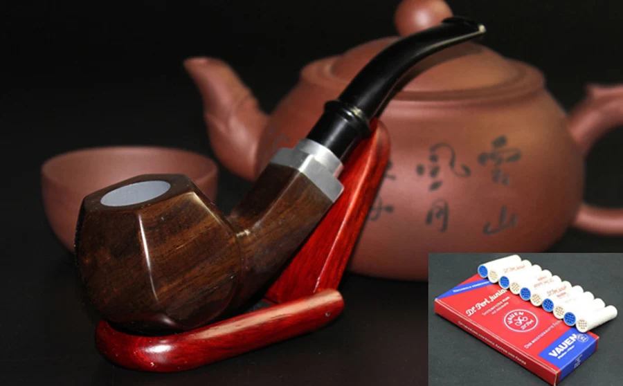 

Smoking Pipe Set Brown Handmade Natural Weed Tobacco Metal Ring Ebony Wood Smoking Pipe 10pcs 9mm Filters + Pouch + Holder 669