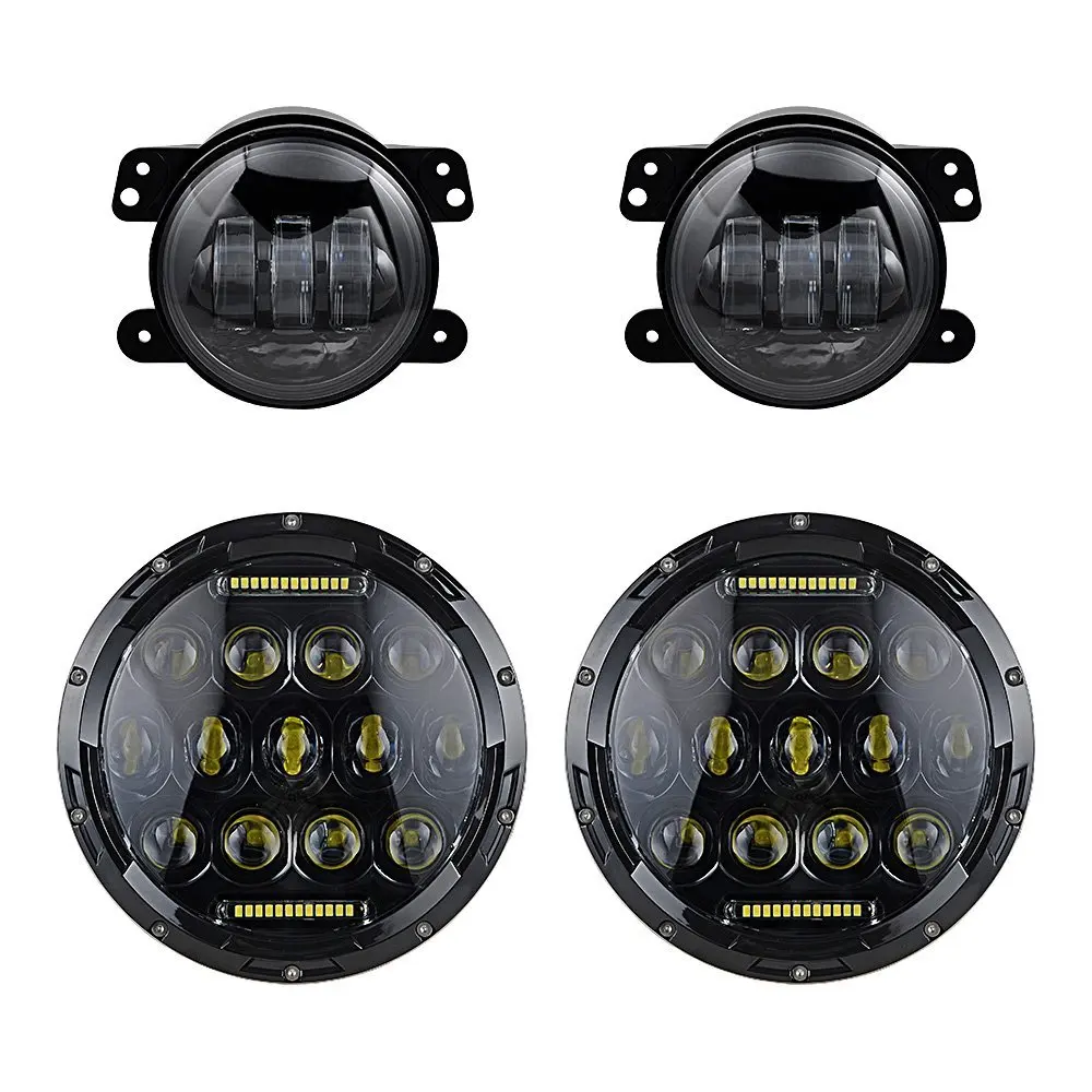 

Combo 7" H4 75W LED DRL Hi/lo Beam Headlight + 4 inch LED Fog Light For 07-17 Jeep Wrangler JK JKU