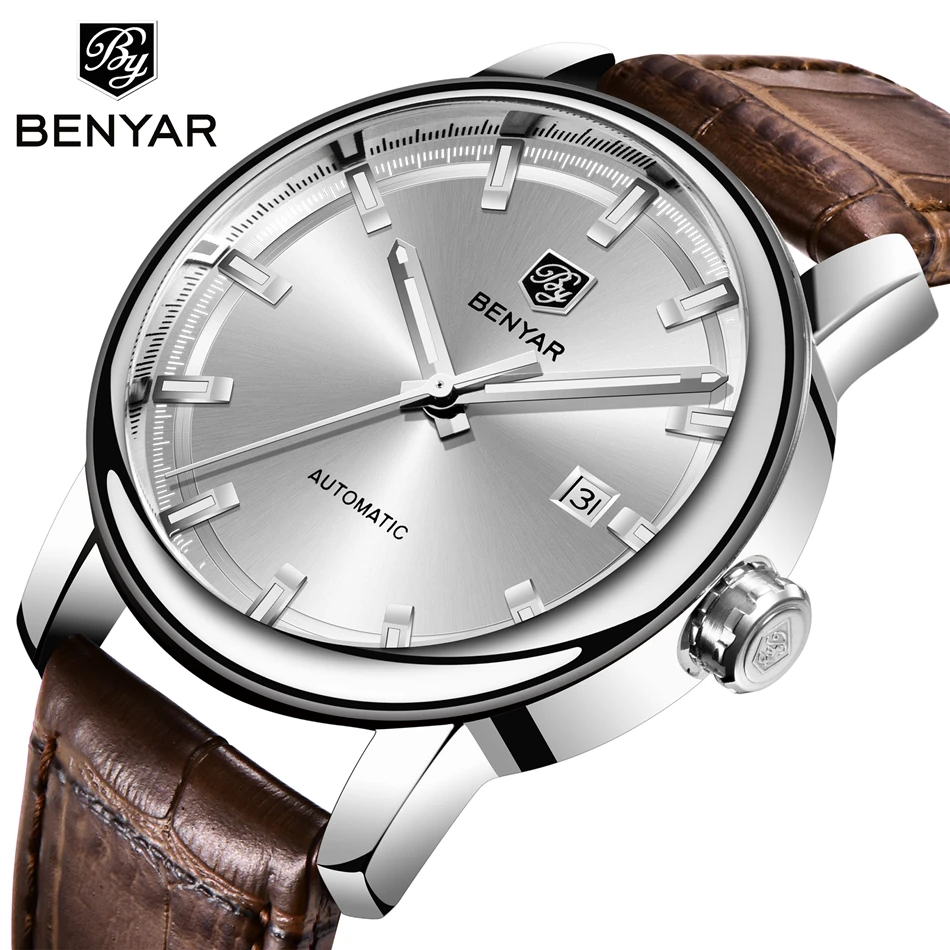 Новая мода Топ люксовый бренд кожаные часы Автоматические Мужские часы Мужские механические стальные часы Relogio Masculino BENYAR