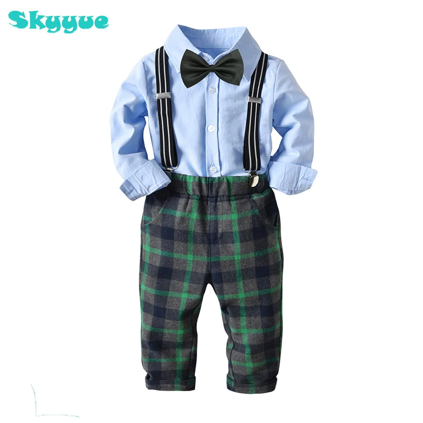 

Toddler boys clothing 4pcs set long sleeve shirt +bow tie +strap+plaid trouser kids boutique clothes boys christmas clothes