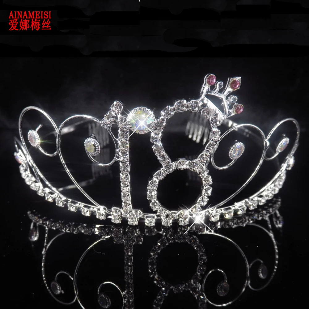 

AINAMEISI 18th Happy Birthday Crown Tiaras For Adults Party Gift Crystal Princess Crown Silver Wedding Hair Accessories Jewelry
