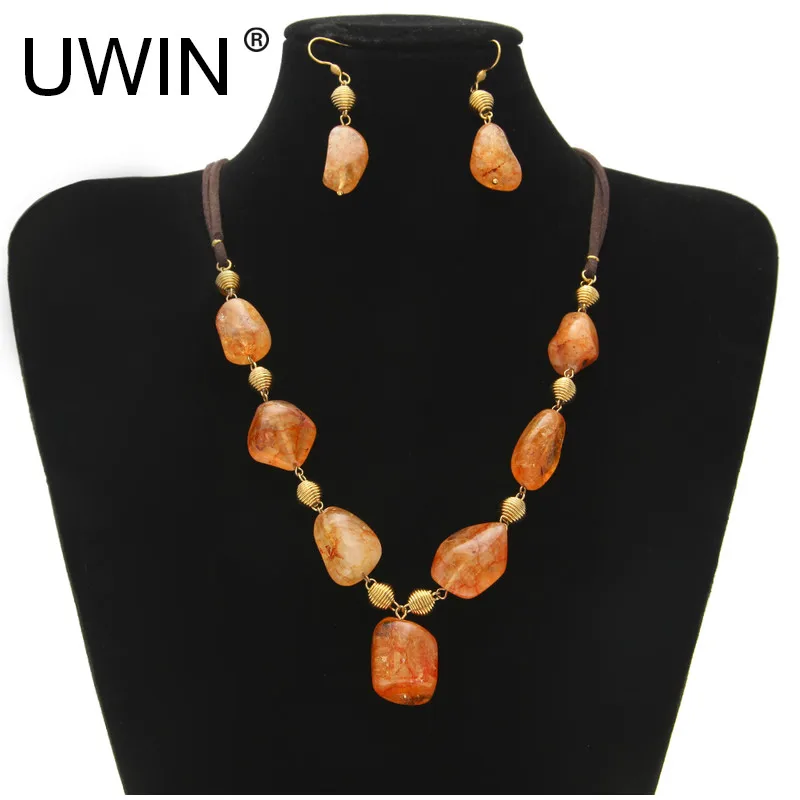 

Women Fashion Natural Stone Jewelry Set Real Leather Rope Chain Natural Red Carnelian Crystal Pendant Necklace Drop Earring Set