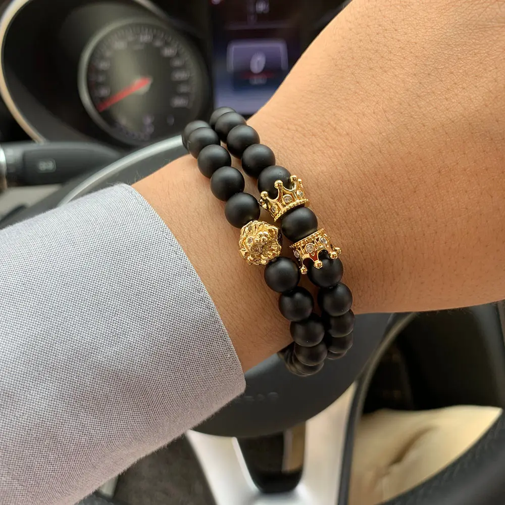 

2pcs/set Men Bracelet Set CZ lion king crown charms Natural stone Beads Punk Bracelets & Bangles for men Jewelry friendship Gift