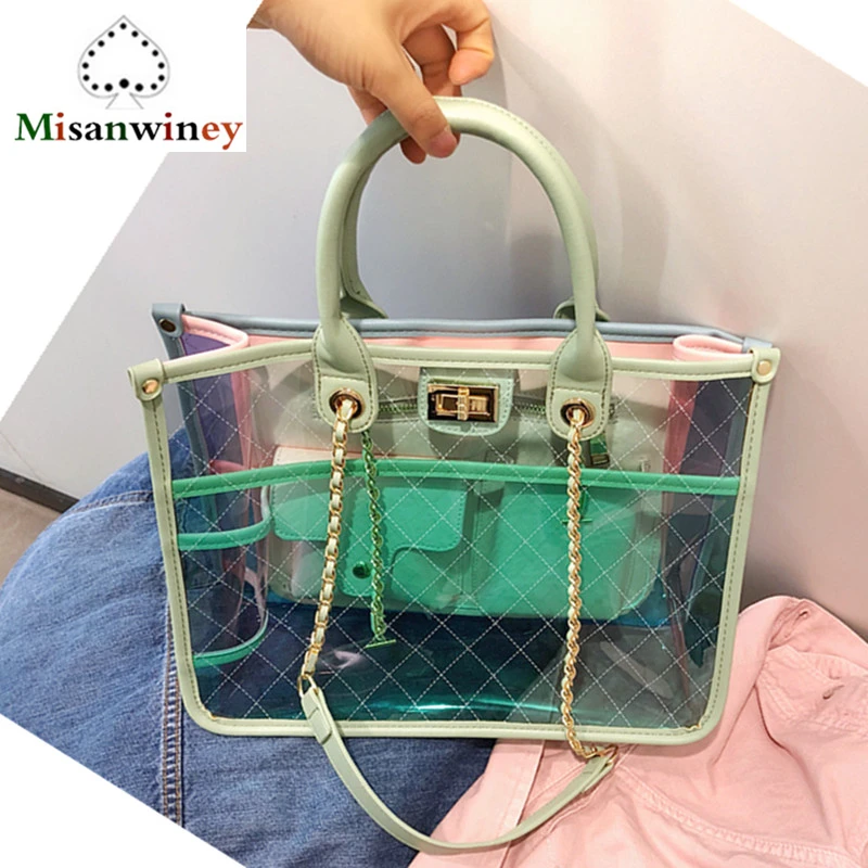 Ins Hot Famous Brand PVC Women Tote Bag Clear Jelly Transparent Big Bag Large Lady Handbags Female Beach Bag Chain Shoulder Bags Ins Hot Famous Brand PVC Women Tote Bag Clear Jelly Transparent Big Bag Large Lady Handbags Female Beach Bag Chain Shoulder Bags