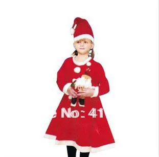 5 компл./лот! Детский Рождественский костюм/Нетканая ткань для девочек платье в стиле Санта-Клаусом для От 3 до 5 лет 2 в 1 комплект(платье, головной убор
