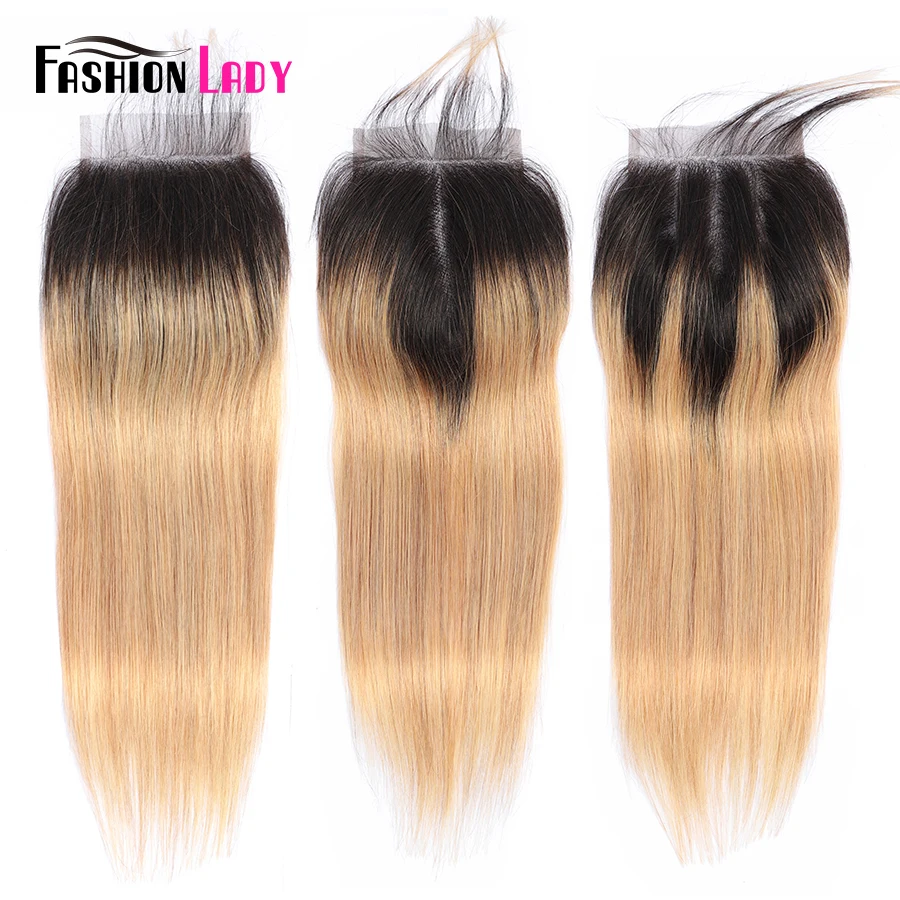 

Fashion Lady Pre-Colored Peruvian Lace Closure With Baby Hair Ombre Closure 1b/27 Human Hair Blonde Closure Non-remy