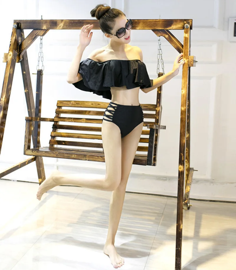 Sweet Slash neck Young Lady Bikini Big Ruffles girl swimwear High waist swimming suit Push Up Swimsuit Bathing Suit Beachwear (4)